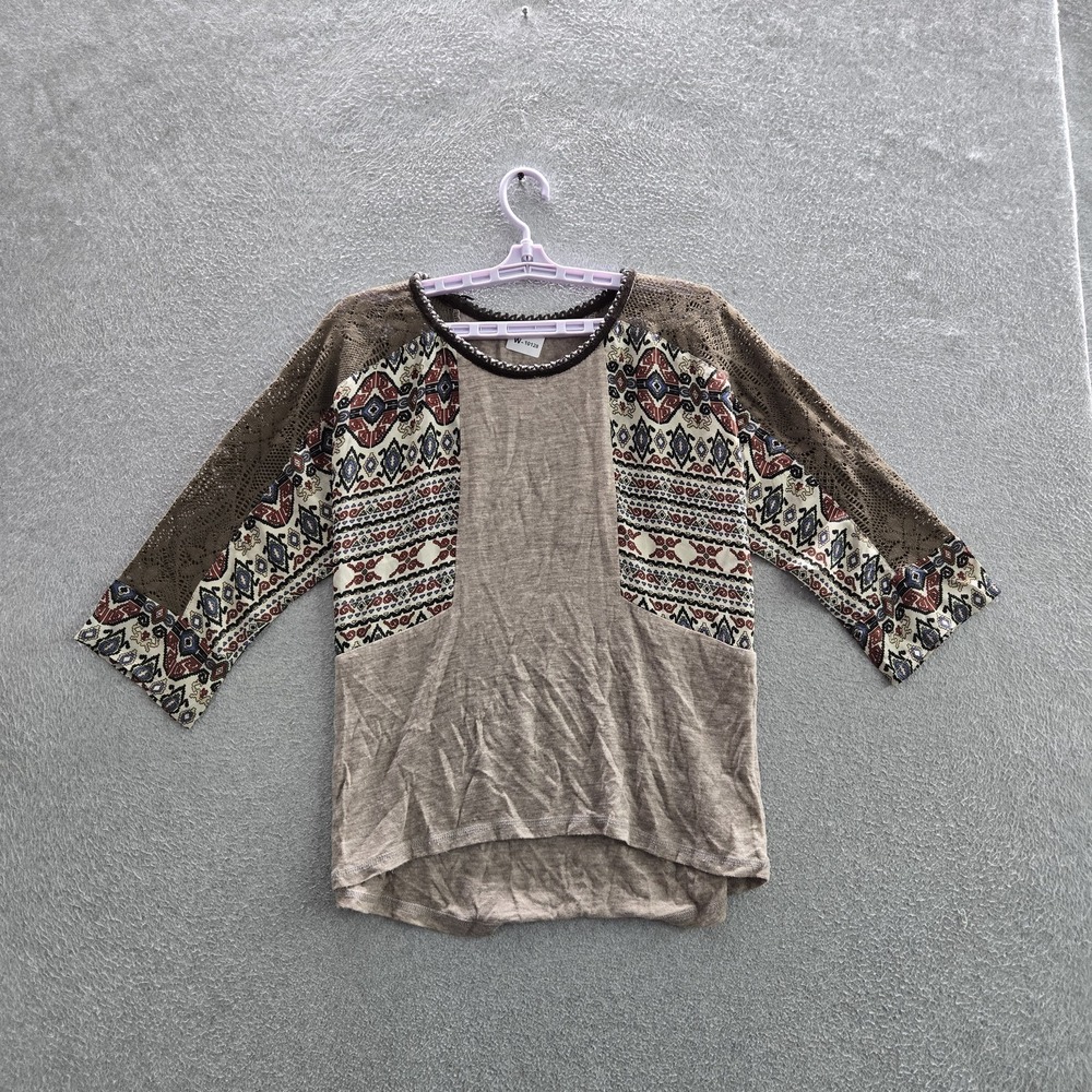 Miss‎ Me Women Blouse M Beige Geometric Boho Lace Scoop Neck Pullover